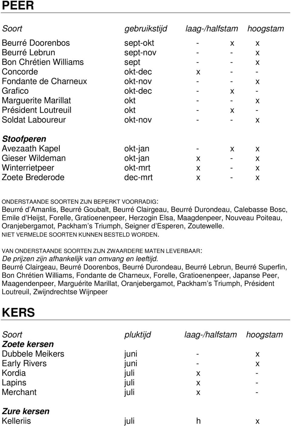 okt-mrt x - x Zoete Brederode dec-mrt x - x ONDERSTAANDE SOORTEN ZIJN BEPERKT VOORRADIG: Beurré d Amanlis, Beurré Goubalt, Beurré Clairgeau, Beurré Durondeau, Calebasse Bosc, Emile d Heijst, Forelle,