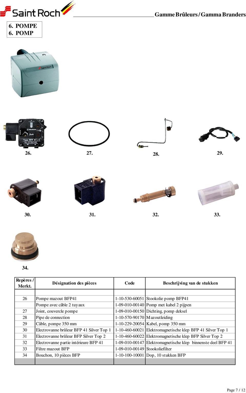 de connection 1-10-570-90170 M azoutleiding 29 Câble, pompe 350 mm 1-10-229-20054 Kabel, pomp 350 mm 30 Electrovanne brûleur BFP 41 Silver Top 1 1-10-460-60021 Elektromagnetische klep BFP 41