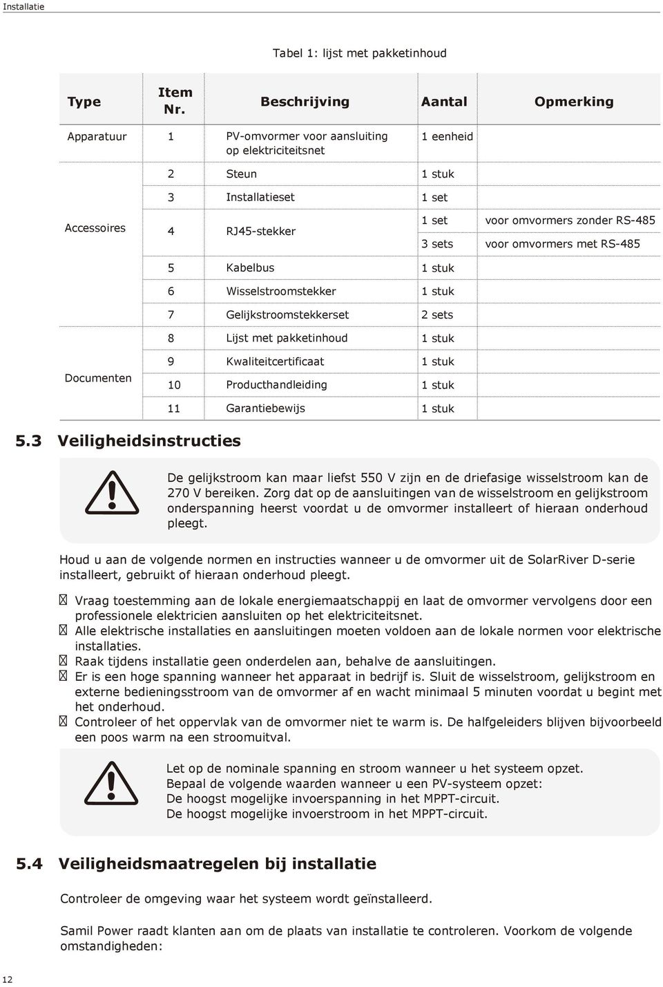 zonder RS-485 voor omvormers met RS-485 5 Kabelbus 1 stuk 6 Wisselstroomstekker 1 stuk 7 Gelijkstroomstekkerset 2 sets 8 Lijst met pakketinhoud 1 stuk Documenten 9 10 Kwaliteitcertificaat