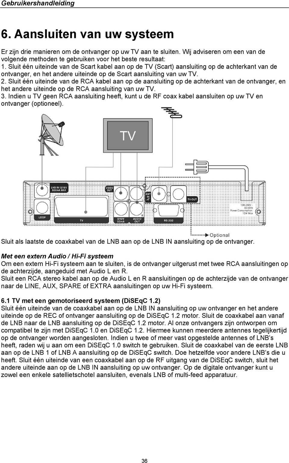 Sluit één uiteinde van de RCA kabel aan op de aansluiting op de achterkant van de ontvanger, en het andere uiteinde op de RCA aansluiting van uw TV. 3.