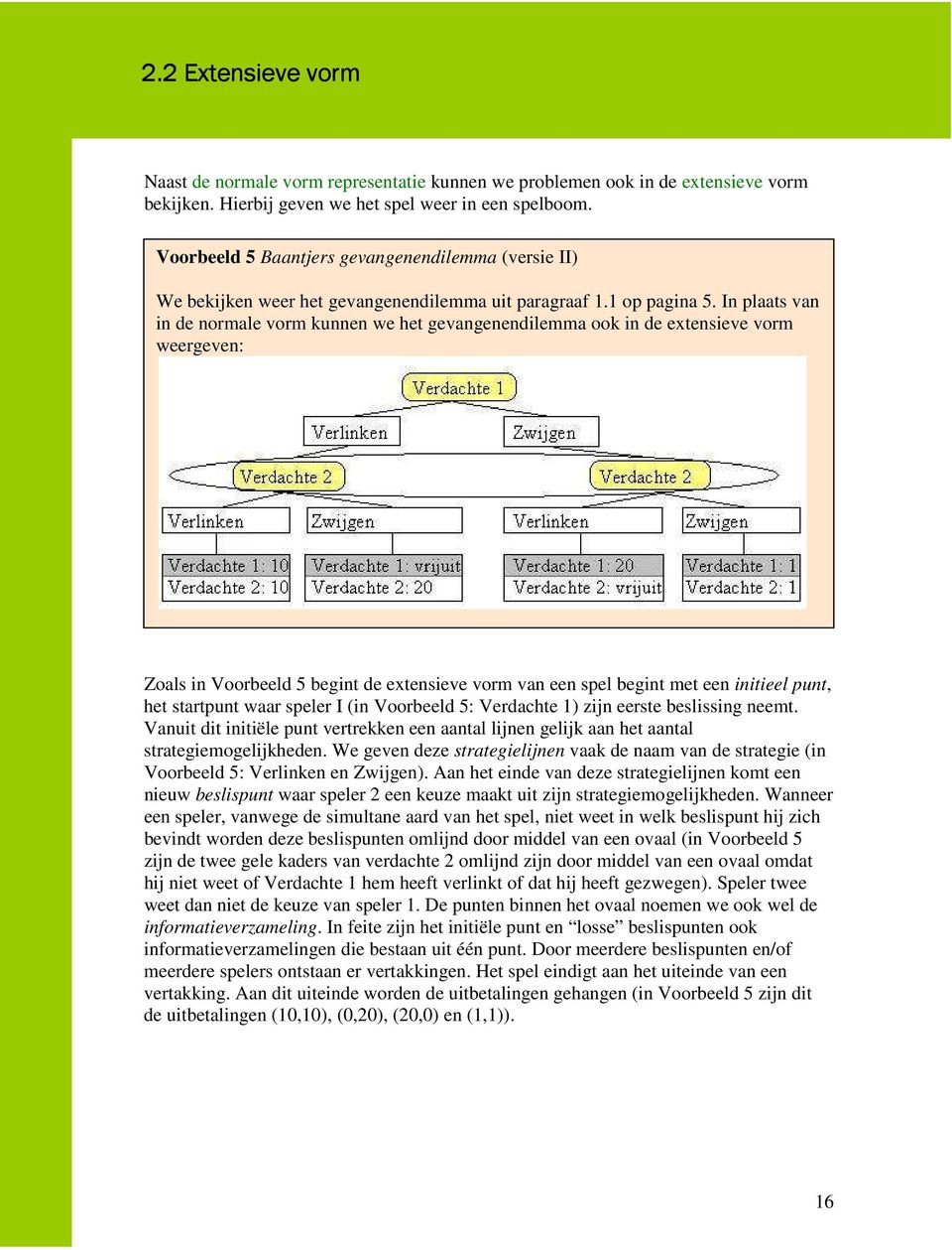 In plaats van in de normale vorm kunnen we het gevangenendilemma ook in de extensieve vorm weergeven: Zoals in Voorbeeld 5 begint de extensieve vorm van een spel begint met een initieel punt, het