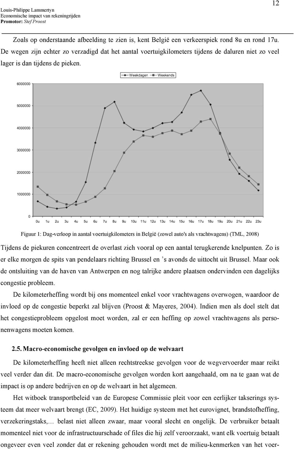 Figuur 1: Dag-verloop in aantal voertuigkilometers in België (zowel auto's als vrachtwagens) (TML, 2008) Tijdens de piekuren concentreert de overlast zich vooral op een aantal terugkerende knelpunten.