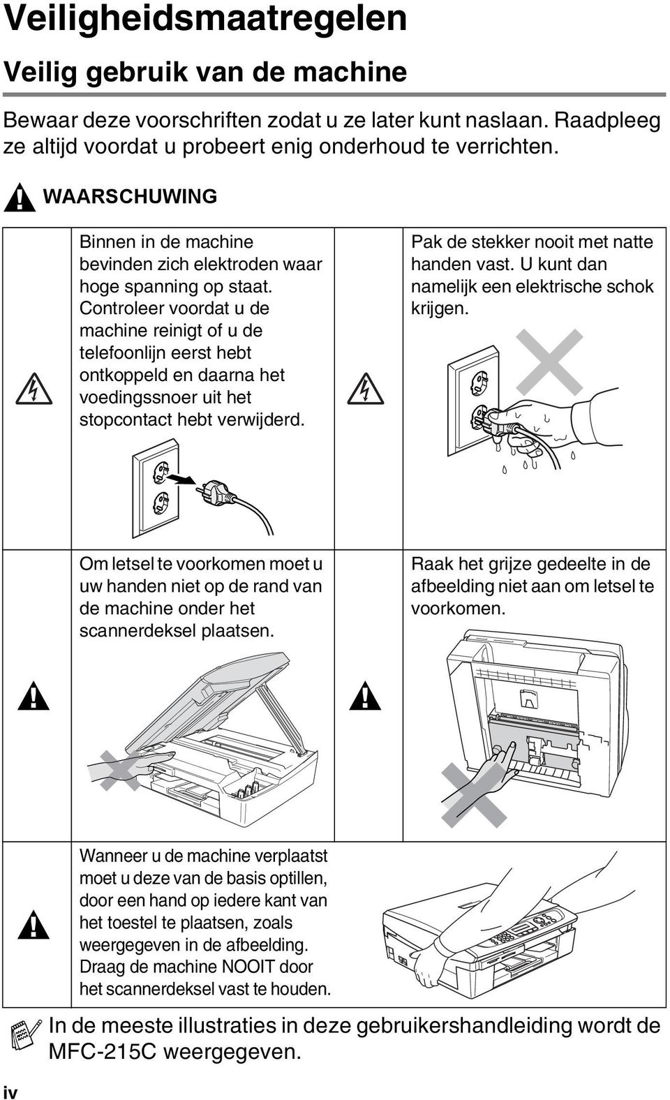 Controleer voordat u de machine reinigt of u de telefoonlijn eerst hebt ontkoppeld en daarna het voedingssnoer uit het stopcontact hebt verwijderd. Pak de stekker nooit met natte handen vast.