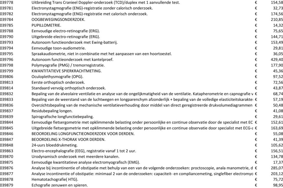 75,65 039790 Uitgebreide electro-retinografie (ERG). 144,71 039793 Autonoom functieonderzoek met Ewing-batterij. 153,49 039794 Eenvoudige toon-audiometrie.