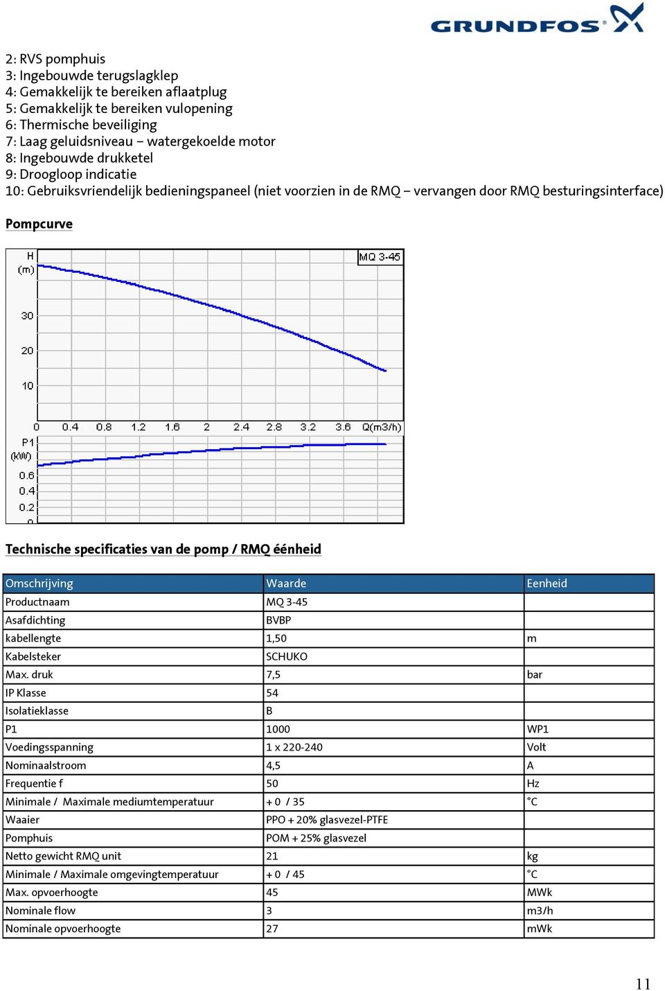 RMQ éénheid Omschrijving Waarde Eenheid Productnaam MQ 3-45 Asafdichting BVBP kabellengte 1,50 m Kabelsteker SCHUKO Max.