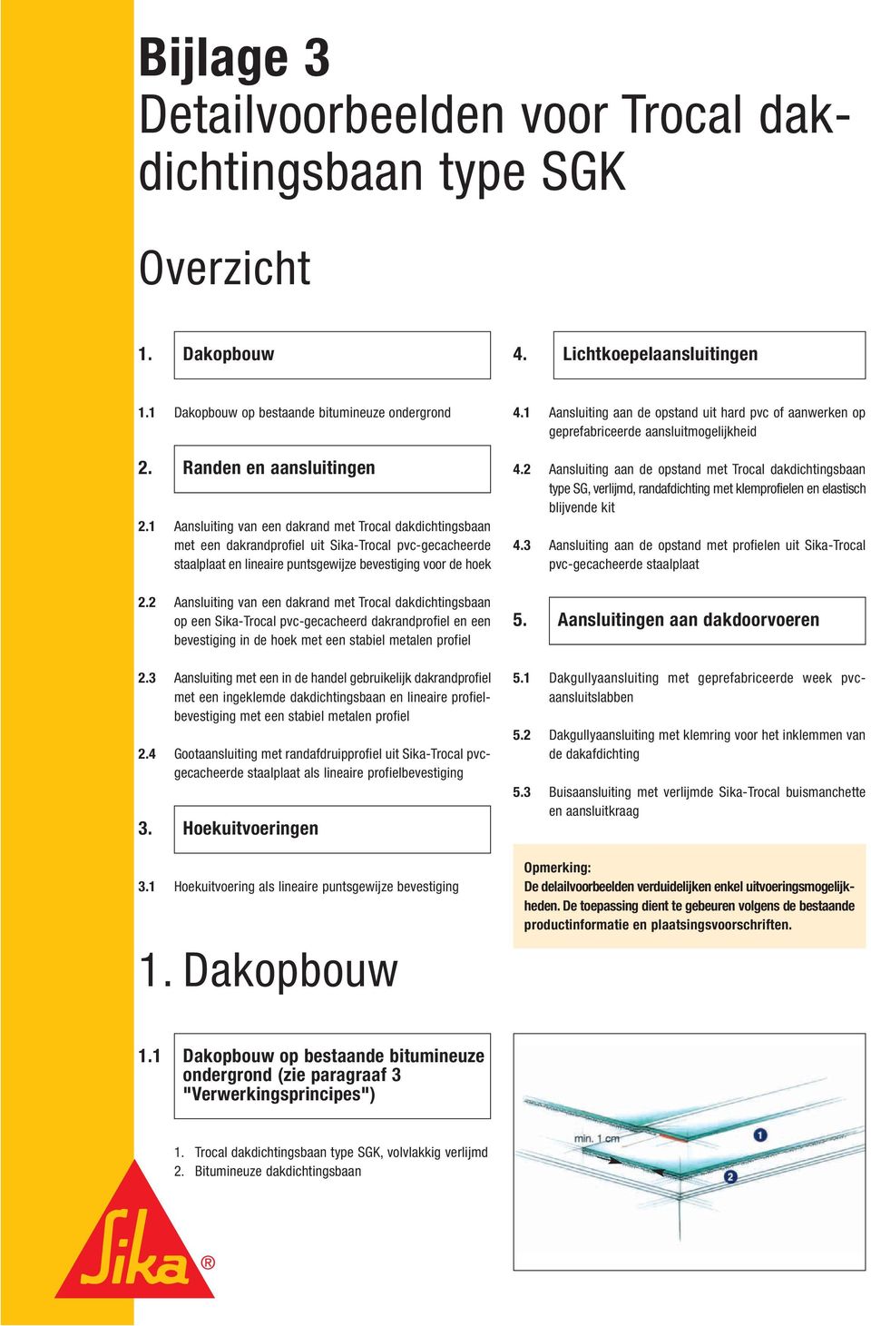 2 Aansluiting van een dakrand met Trocal dakdichtingsbaan op een Sika-Trocal pvc-gecacheerd dakrandprofiel en een bevestiging in de hoek met een stabiel metalen profiel 2.