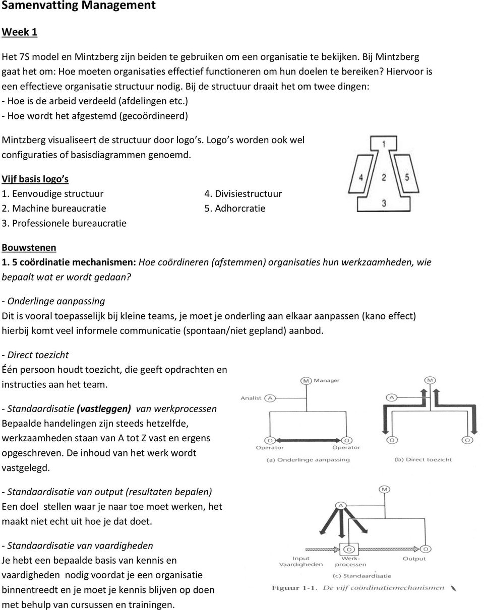 Bij de structuur draait het om twee dingen: - Hoe is de arbeid verdeeld (afdelingen etc.) - Hoe wordt het afgestemd (gecoördineerd) Mintzberg visualiseert de structuur door logo s.