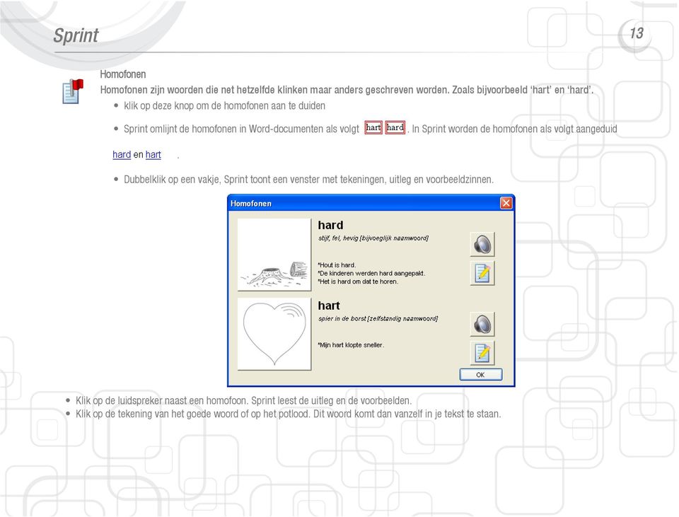 In Sprint worden de homofonen als volgt aangeduid. Dubbelklik op een vakje, Sprint toont een venster met tekeningen, uitleg en voorbeeldzinnen.