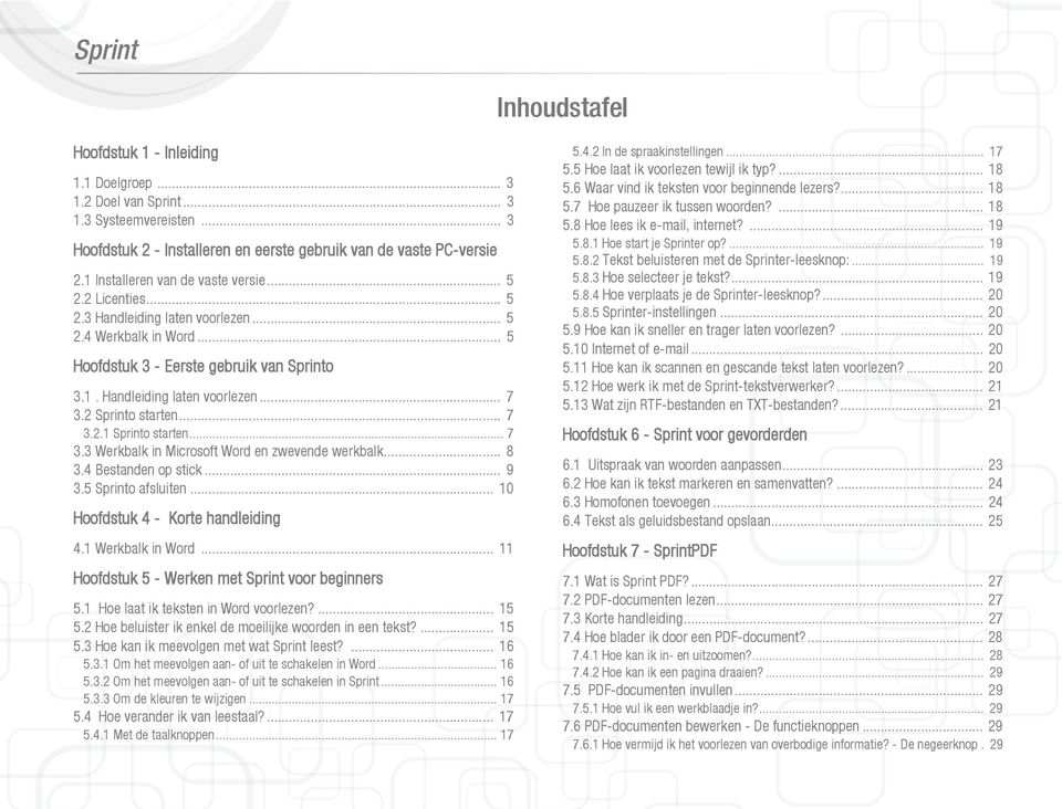 2 Sprinto starten... 7 3.2.1 Sprinto starten... 7 3.3 Werkbalk in Microsoft Word en zwevende werkbalk... 8 3.4 Bestanden op stick... 9 3.5 Sprinto afsluiten... 10 Hoofdstuk 4 - Korte handleiding 4.