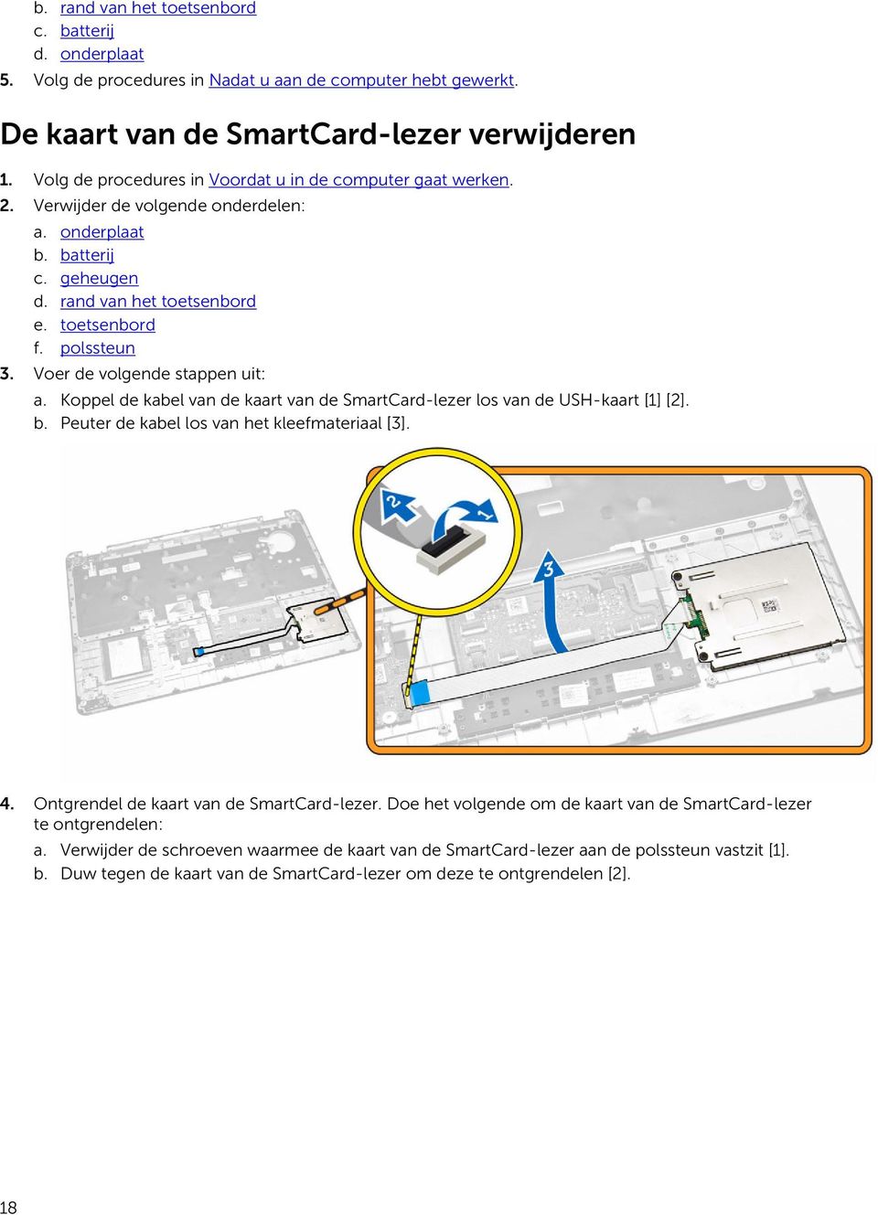 Voer de volgende stappen uit: a. Koppel de kabel van de kaart van de SmartCard-lezer los van de USH-kaart [1] [2]. b. Peuter de kabel los van het kleefmateriaal [3]. 4.