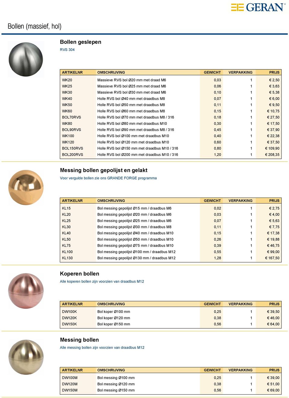 Ø70 mm met draadbus M8 / 316 0,18 1 27,50 WK80 Holle RVS bol Ø80 mm met draadbus M10 0,30 1 17,50 BOL90RVS Holle RVS bol Ø90 mm met draadbus M8 / 316 0,45 1 37,90 WK100 Holle RVS bol Ø100 mm met