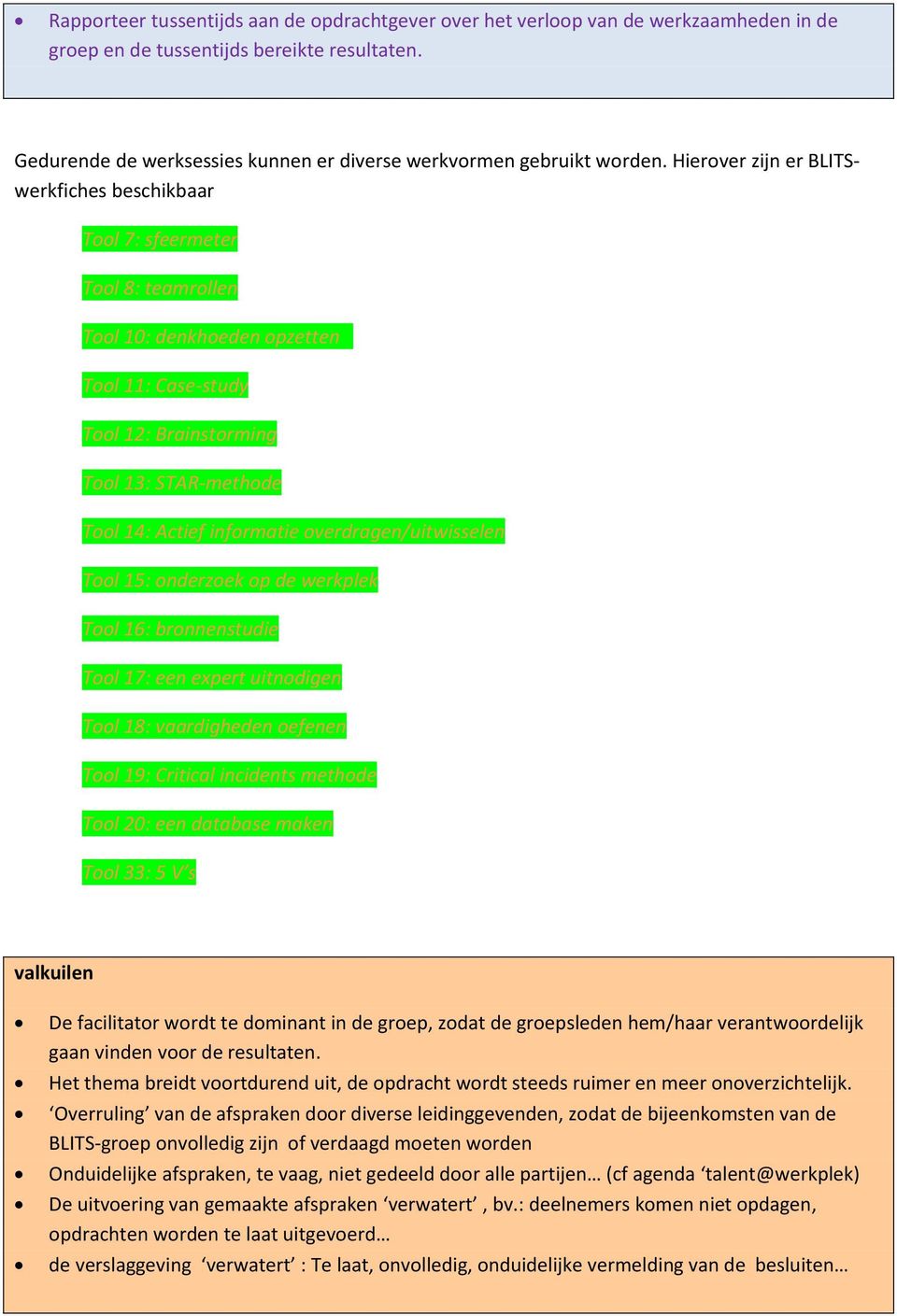 Hierover zijn er BLITSwerkfiches beschikbaar Tool 7: sfeermeter Tool 8: teamrollen Tool 10: denkhoeden opzetten Tool 11: Case-study Tool 12: Brainstorming Tool 13: STAR-methode Tool 14: Actief