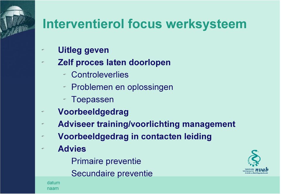 Voorbeeldgedrag Adviseer training/voorlichting management