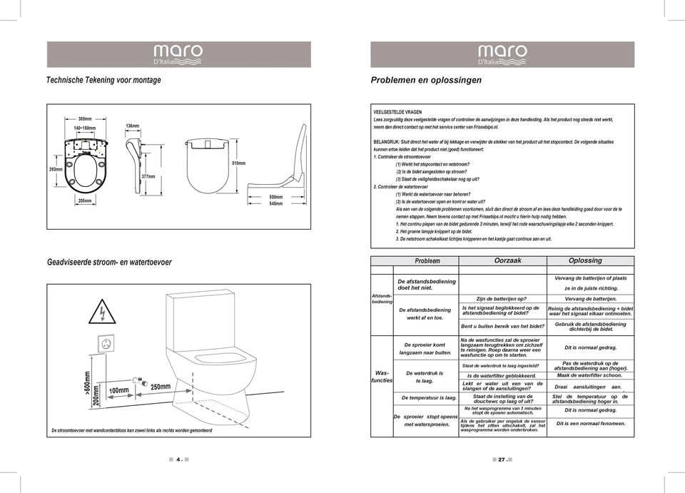 293mm 205mm 377mm 510mm 500mm 545mm BELANGRIJK: Sluit direct het water af bij lekkage en verwijder de stekker van het product uit het stopcontact.