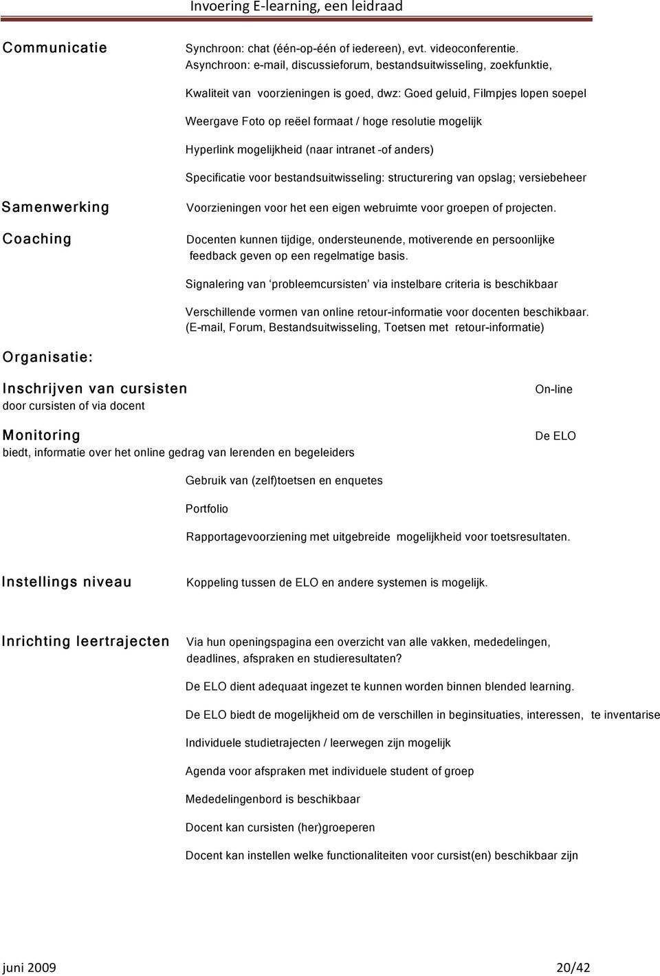 mogelijk Hyperlink mogelijkheid (naar intranet of anders) Specificatie voor bestandsuitwisseling: structurering van opslag; versiebeheer Samenwerking Coaching Voorzieningen voor het een eigen