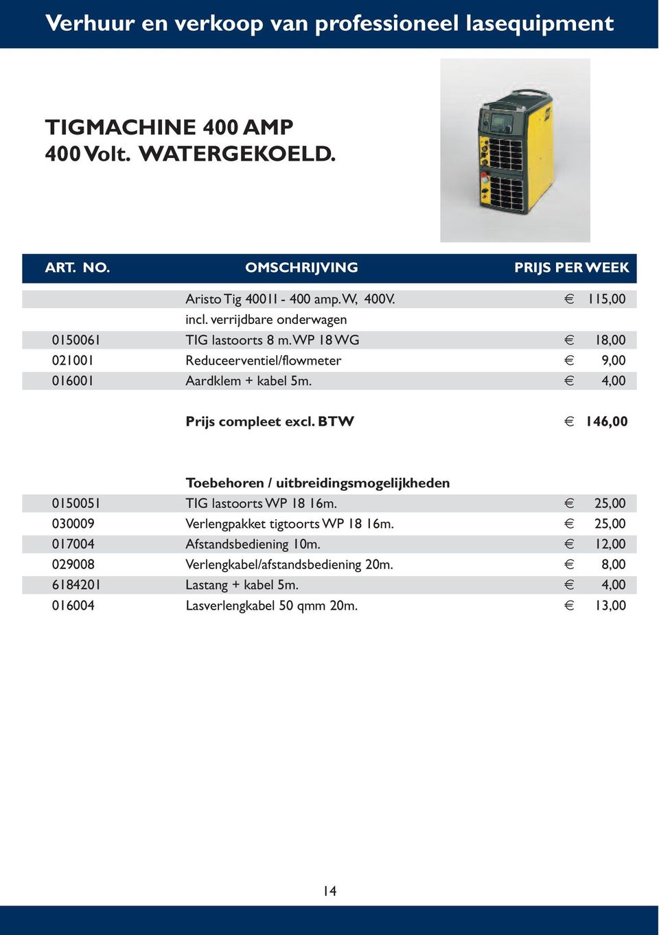 4,00 Prijs compleet excl. BTW 146,00 Toebehoren / uitbreidingsmogelijkheden 0150051 TIG lastoorts WP 18 16m.