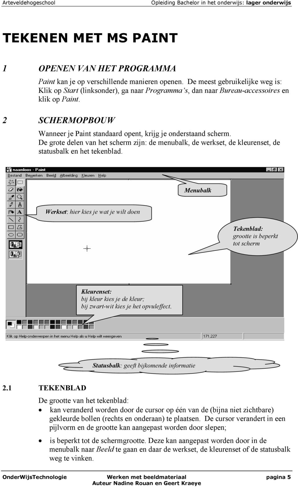 2 SCHERMOPBOUW Wanneer je Paint standaard opent, krijg je onderstaand scherm. De grote delen van het scherm zijn: de menubalk, de werkset, de kleurenset, de statusbalk en het tekenblad.