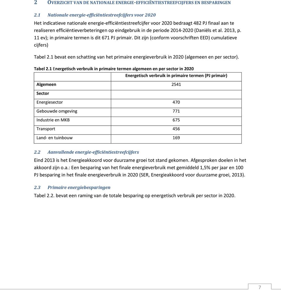 eindgebruik in de periode 2014-2020 (Daniëls et al. 2013, p. 11 ev); in primaire termen is dit 671 PJ primair. Dit zijn (conform voorschriften EED) cumulatieve cijfers) Tabel 2.