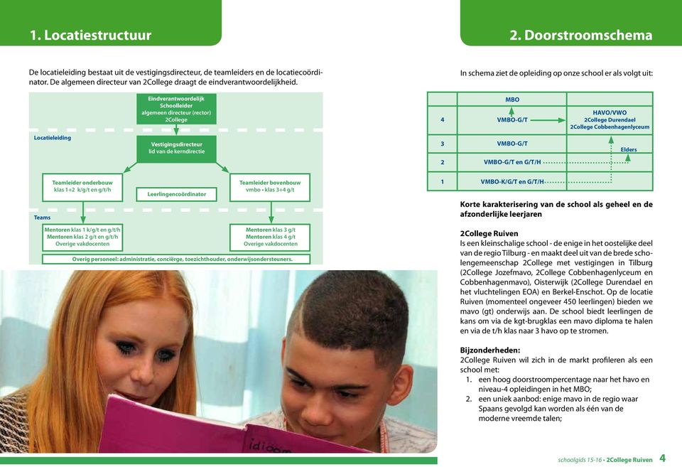 In schema ziet de opleiding op onze school er als volgt uit: Eindverantwoordelijk Schoolleider algemeen directeur (rector) 2College 4 MBO VMBO-G/T HAVO/VWO 2College Durendael 2College