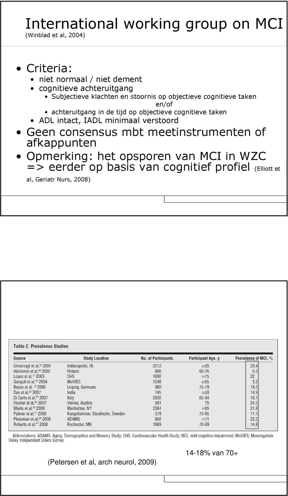 taken ADL intact, IADL minimaal verstoord Geen consensus mbt meetinstrumenten of afkappunten Opmerking: het opsporen van MCI