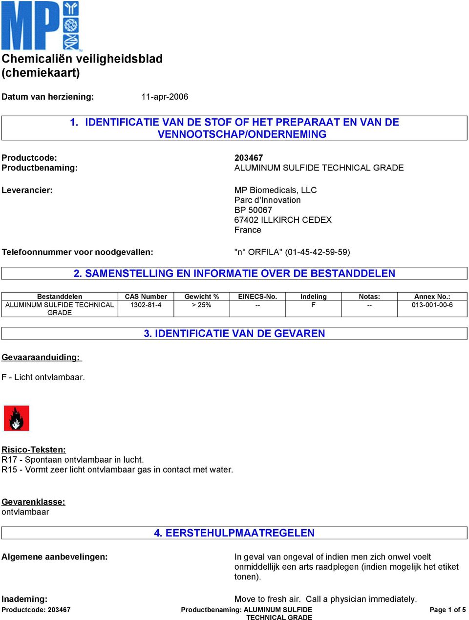 voor noodgevallen: "n ORFILA" (01-45-42-59-59) 2. SAMENSTELLING EN INFORMATIE OVER DE BESTANDDELEN Bestanddelen CAS Number Gewicht % EINECS-No. Indeling Notas: Annex No.