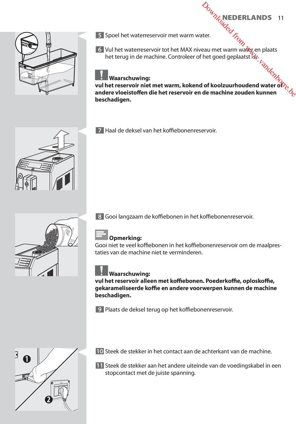 7 Haal de deksel van het koffiebonenreservoir. 8 Gooi langzaam de koffiebonen in het koffiebonenreservoir.