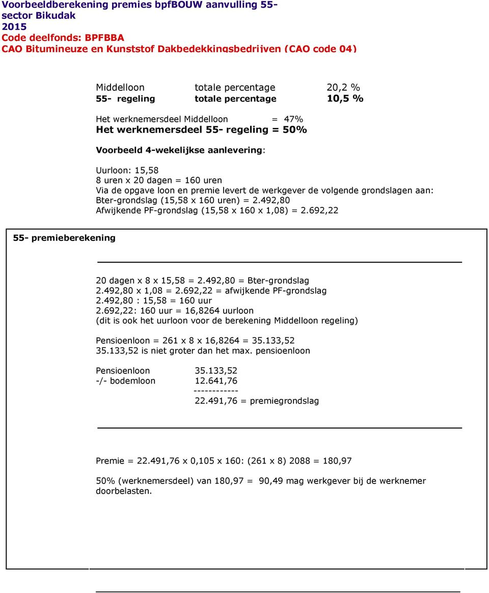 en levert de werkgever de volgende grondslagen aan: Bter-grondslag (15,58 x 160 uren) = 2.492,80 Afwijkende PF-grondslag (15,58 x 160 x 1,08) = 2.692,22 55- berekening 20 dagen x 8 x 15,58 = 2.