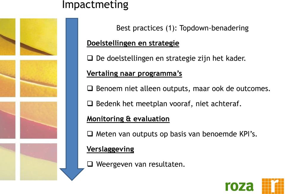 Vertaling naar programma s Benoem niet alleen outputs, maar ook de outcomes.