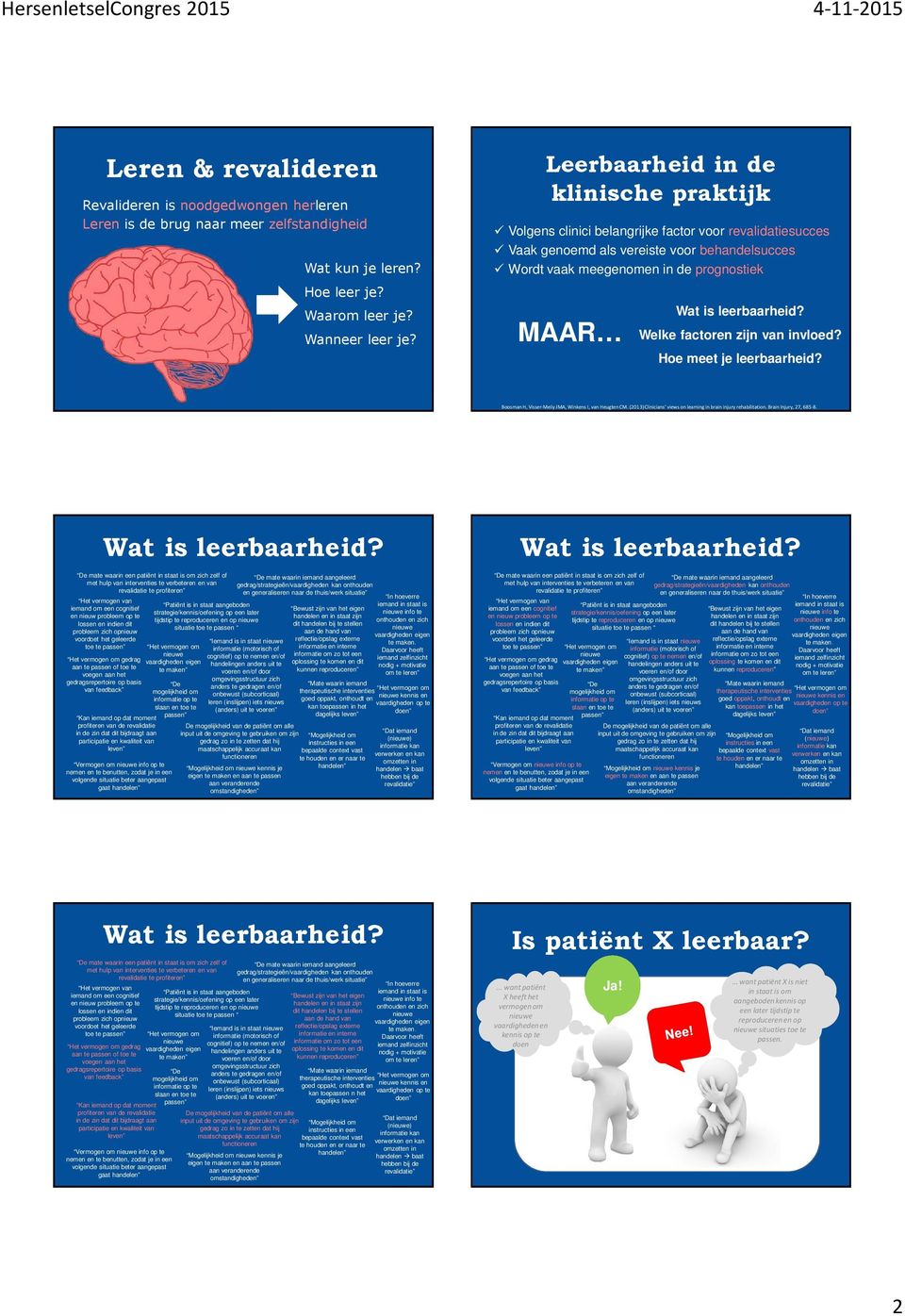 factoren zijn van invloed? Hoe meet je leerbaarheid? BoosmanH, Visser-MeilyJMA, WinkensI, van HeugtenCM. (2013) Clinicians views on learning in brain injury rehabilitation. Brain Injury, 27, 685-8.