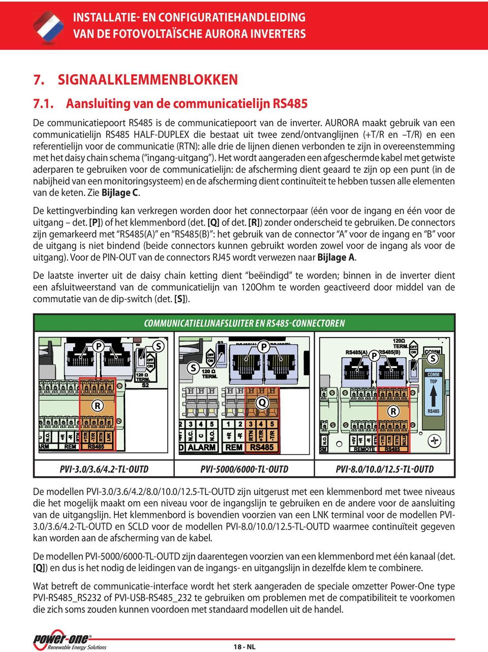 AURORA maakt gebruik van een communicatielijn RS485 HALF-DUPLEX die bestaat uit twee zend/ontvanglijnen (+T/R en T/R) en een referentielijn voor de communicatie (RTN): alle drie de lijnen dienen