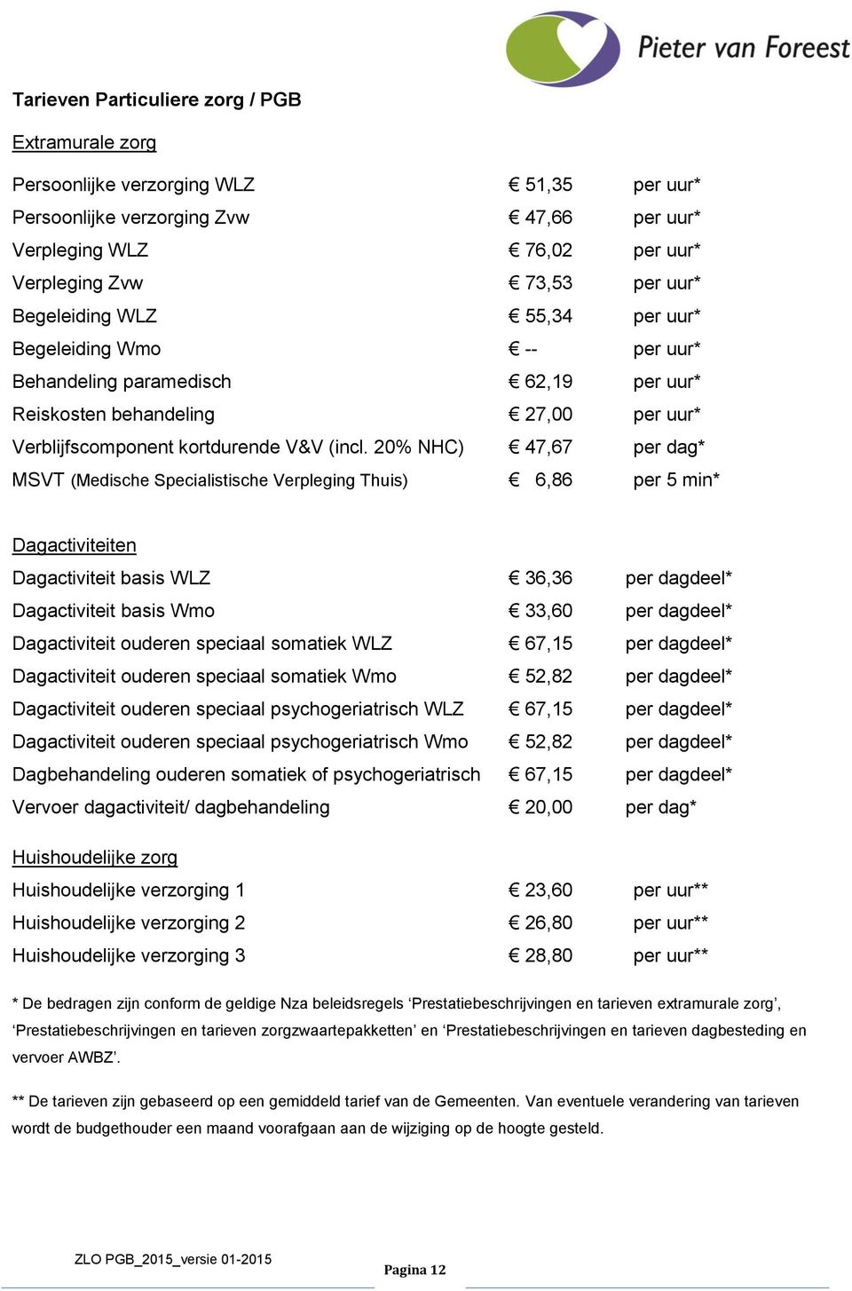 20% NHC) 47,67 * MSVT (Medische Specialistische Verpleging Thuis) 6,86 per 5 min* Dagactiviteiten Dagactiviteit basis WLZ 36,36 deel* Dagactiviteit basis Wmo 33,60 deel* Dagactiviteit ouderen