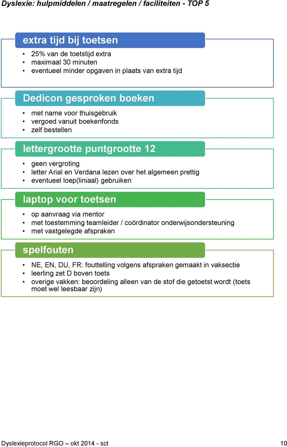 eventueel loep(liniaal) gebruiken laptop voor toetsen op aanvraag via mentor met toestemming teamleider / coördinator onderwijsondersteuning met vastgelegde afspraken spelfouten NE, EN, DU, FR: