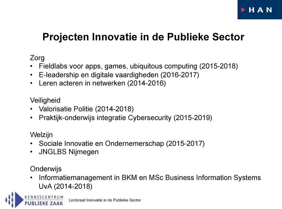 Politie (2014-2018) Praktijk-onderwijs integratie Cybersecurity (2015-2019) Welzijn Sociale Innovatie en