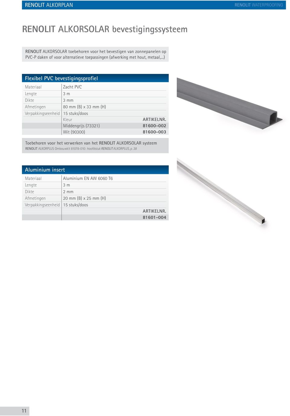 ..) Flexibel PVC bevestigingsprofiel Zacht PVC 3 m Dikte 3 mm Afmetingen 80 mm (B) x 33 mm (H) 15 stuks/doos Middengrijs (73321) Wit (90300) 81600-002