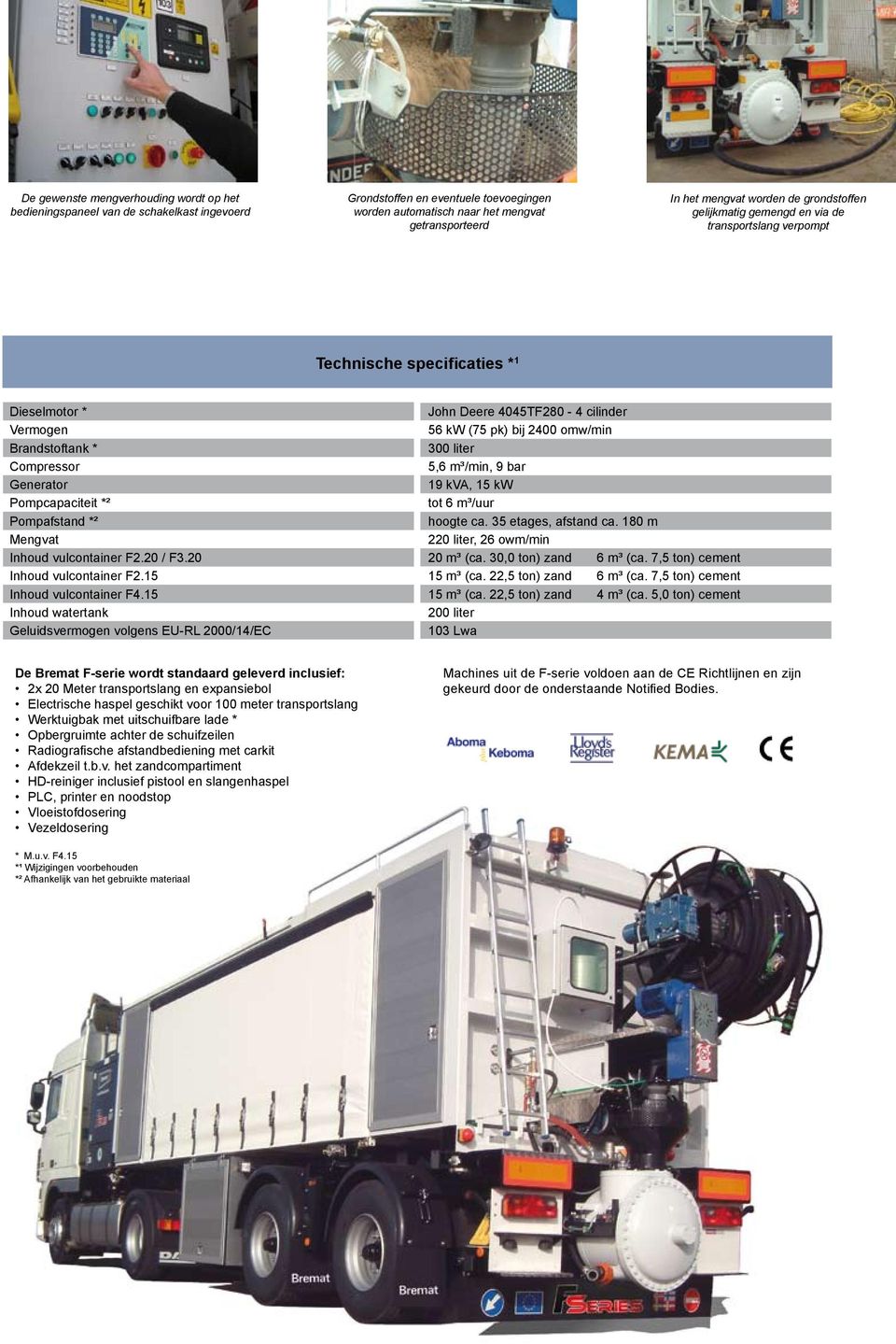 * 300 liter Compressor 5,6 m³/min, 9 bar Generator 19 kva, 15 kw Pompcapaciteit *² tot 6 m³/uur Pompafstand *² hoogte ca. 35 etages, afstand ca.