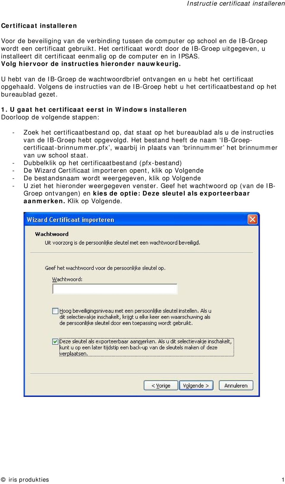 U hebt van de IB-Groep de wachtwoordbrief ontvangen en u hebt het certificaat opgehaald. Volgens de instructies van de IB-Groep hebt u het certificaatbestand op het bureaublad gezet. 1.