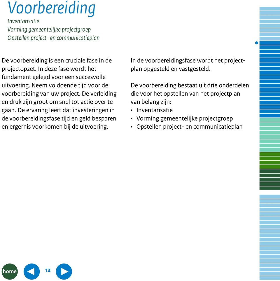 De verleiding en druk zijn groot om snel tot actie over te gaan. De ervaring leert dat investeringen in de voorbereidingsfase tijd en geld besparen en ergernis voorkomen bij de uitvoering.