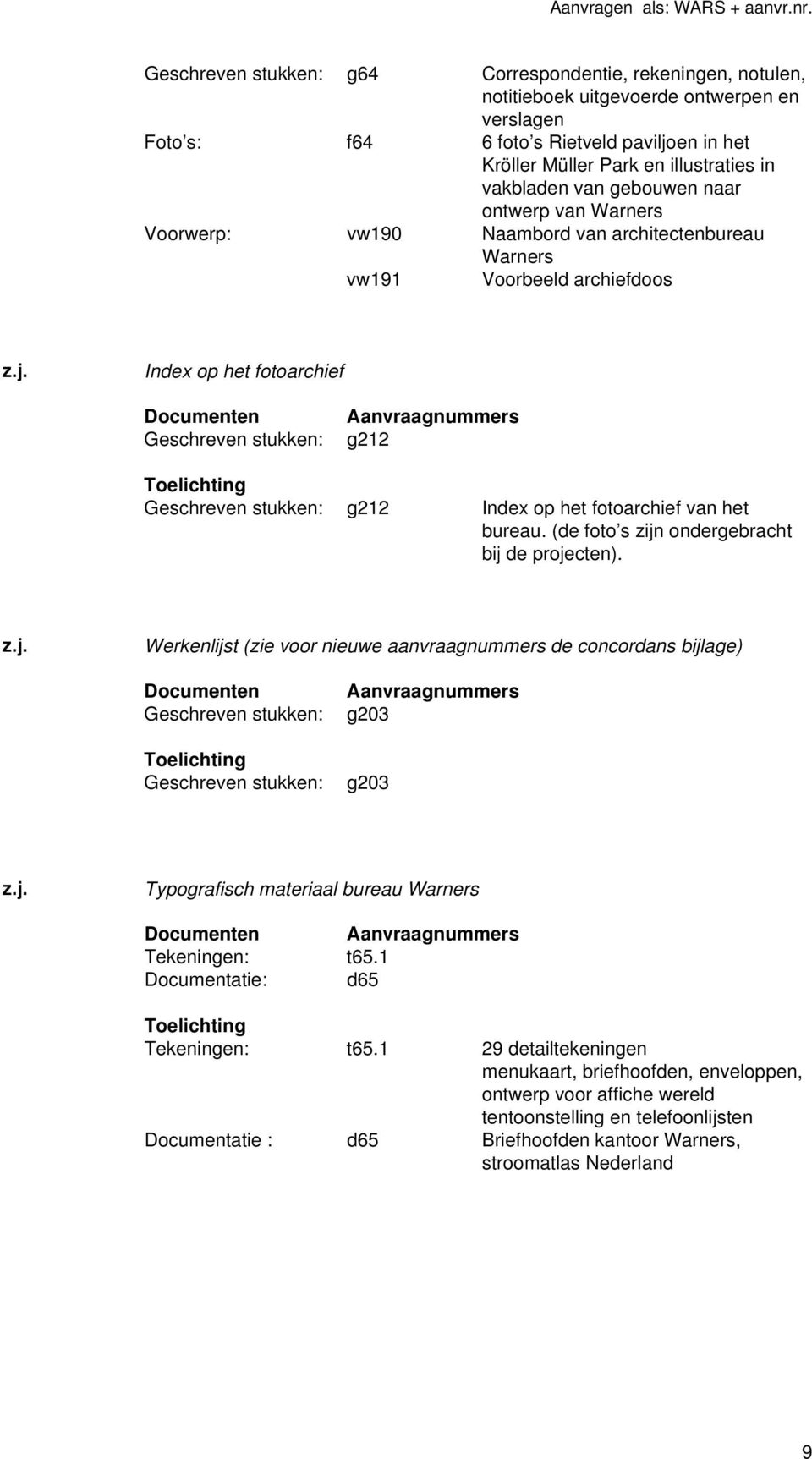 (de foto s zijn ondergebracht bij de projecten). Werkenlijst (zie voor nieuwe aanvraagnummers de concordans bijlage) g203 g203 Typografisch materiaal bureau Warners t65.