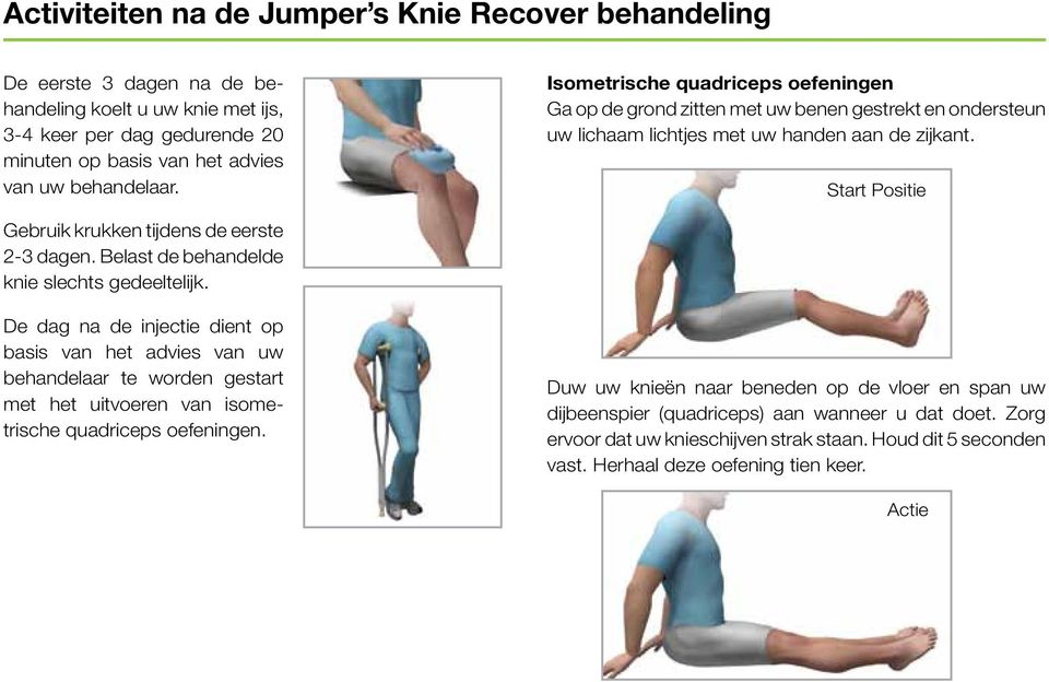 Start Positie Gebruik krukken tijdens de eerste 2-3 dagen. Belast de behandelde knie slechts gedeeltelijk.