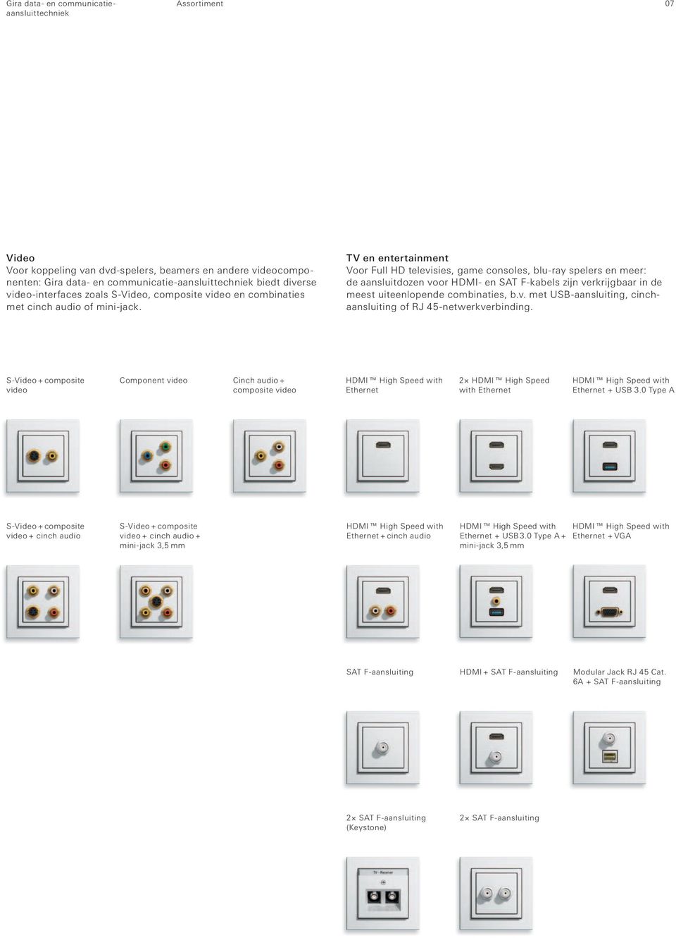 TV en entertainment Voor Full HD televisies, game consoles, blu-ray spelers en meer: de aansluitdozen voor HDMI- en SAT F-kabels zijn verkrijgbaar in de meest uiteenlopende combinaties, b.v. met USB-aansluiting, cinchaansluiting of RJ 45-netwerkverbinding.