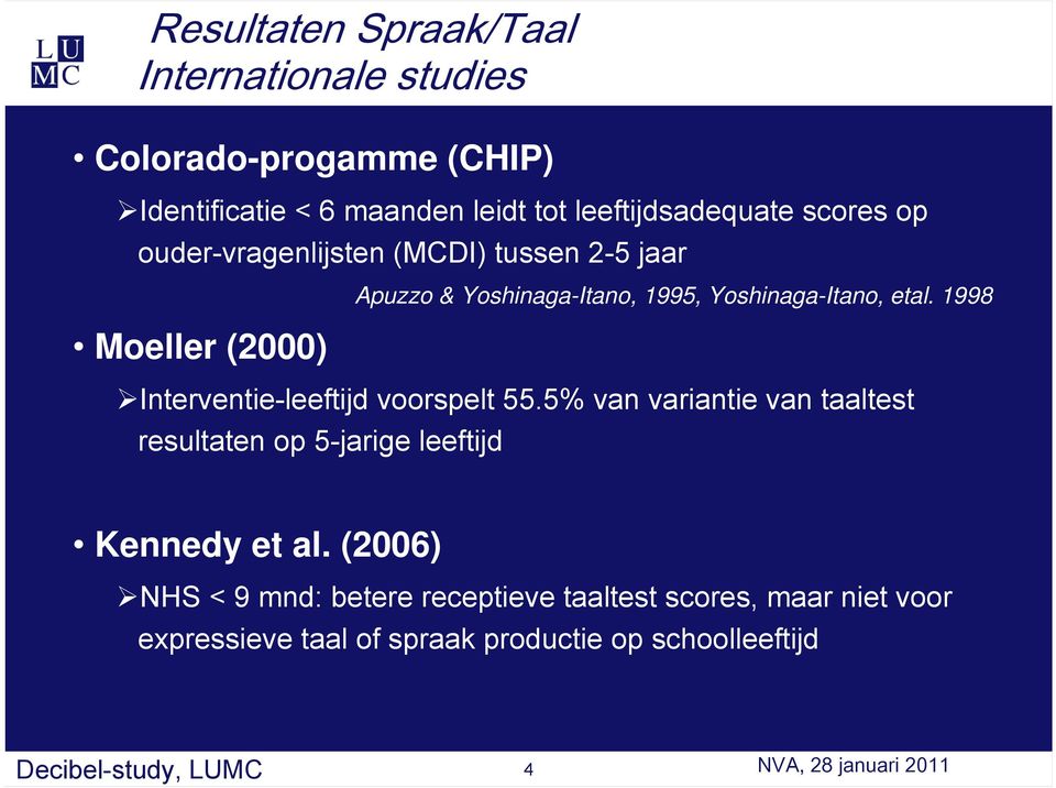 1998 Interventie-leeftijd voorspelt 55.5% van variantie van taaltest resultaten op 5-jarige leeftijd Kennedy et al.