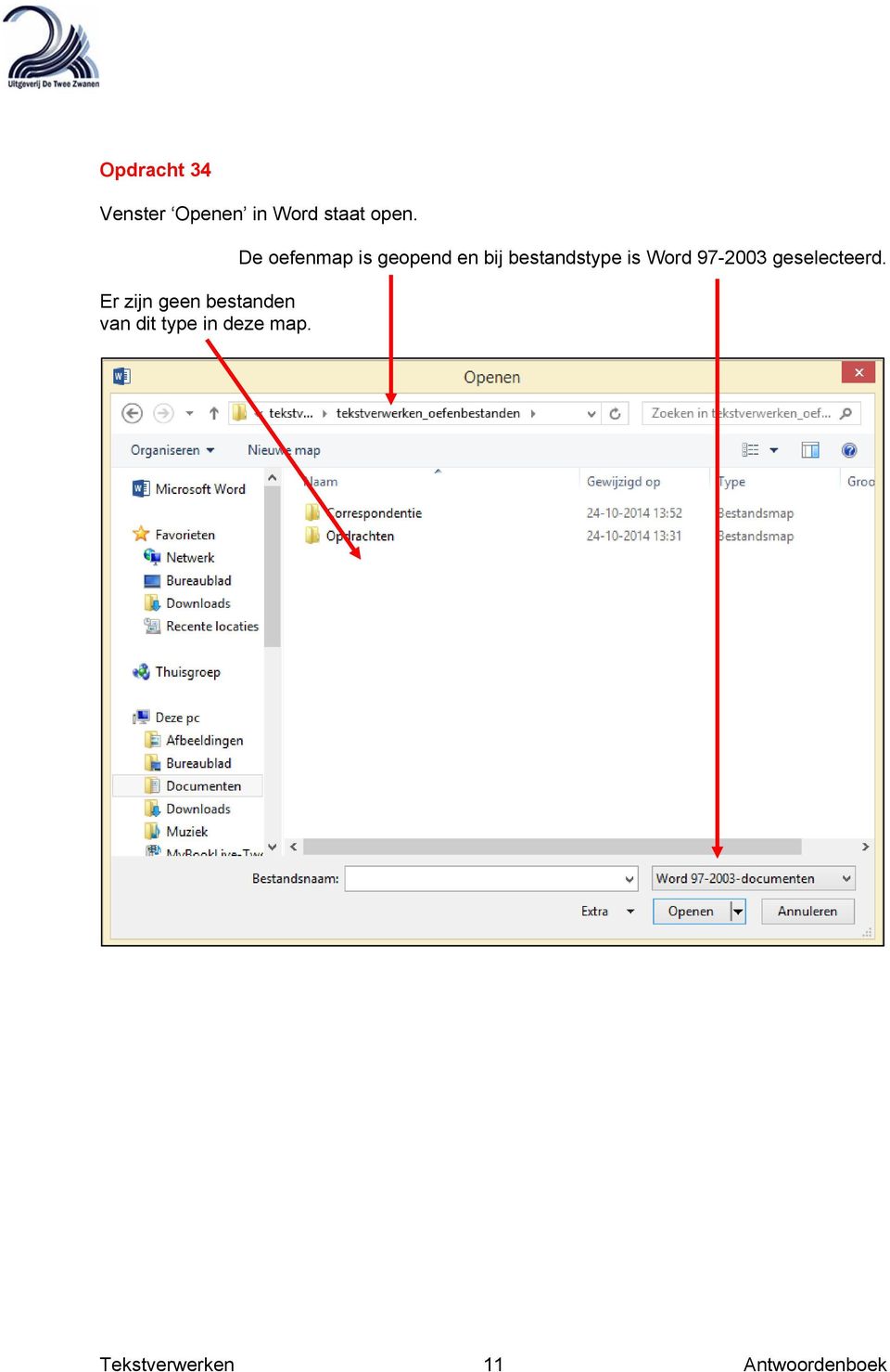 De oefenmap is geopend en bij bestandstype is Word