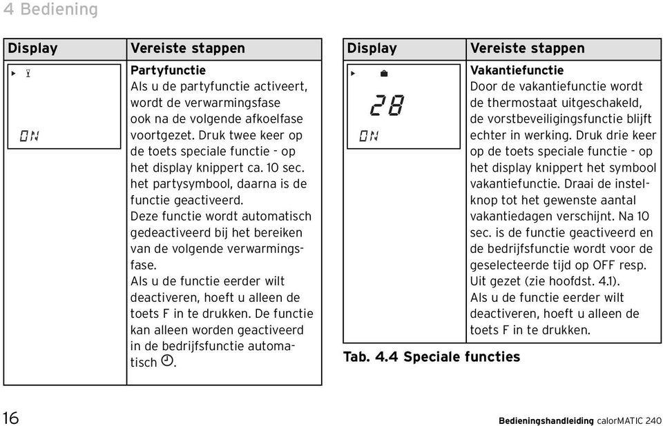 Deze functie wordt automatisch gedeactiveerd bij het bereiken van de volgende verwarmingsfase. Als u de functie eerder wilt deactiveren, hoeft u alleen de toets F in te drukken.