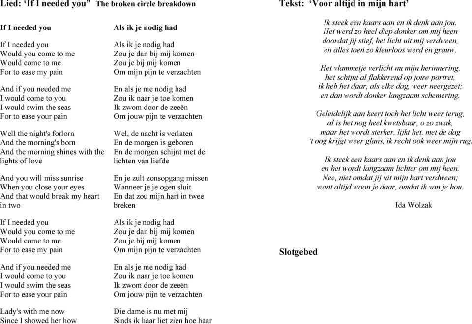 you come to me Would come to me For to ease my pain And if you needed me I would come to you I would swim the seas For to ease your pain Lady's with me now Since I showed her how Zou je dan bij mij