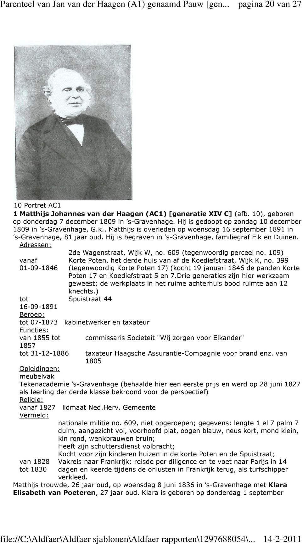 Hij is begraven in s-gravenhage, familiegraf Eik en Duinen. Adressen: 2de Wagenstraat, Wijk W, no. 609 (tegenwoordig perceel no.