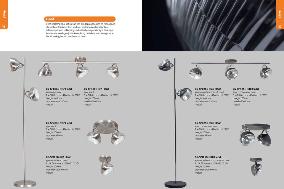 Verkrijgbaar in staal en mat zwart. Head 17 05-SP8250-1117 Head vloerlamp staal 2 x GU10 / max. 42W (incl.) / 230V hoogte 1610mm diameter voet 280mm 05-SP4251-1117 Head spot staal 3 x GU10 / max.