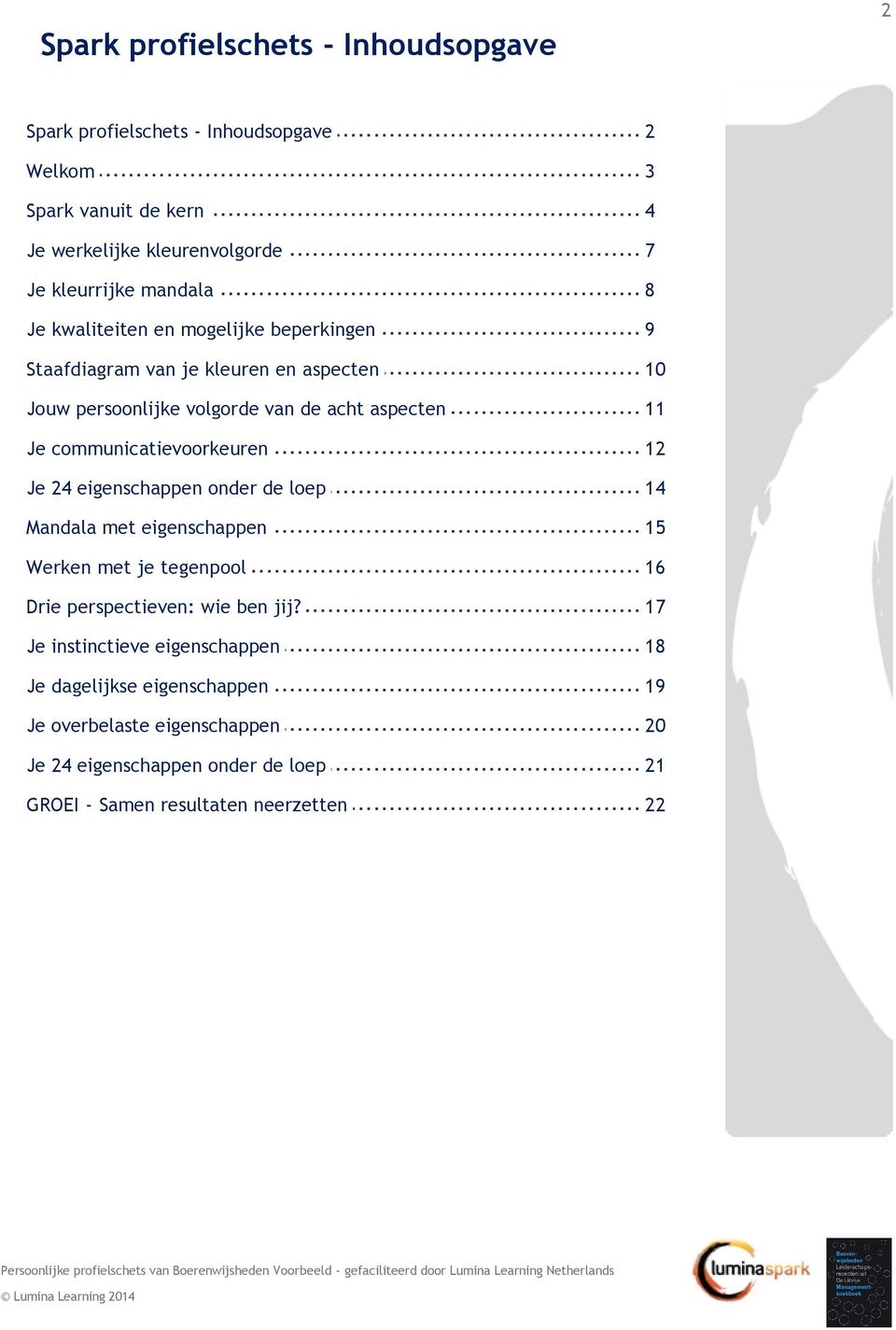 communicatievoorkeuren 12 Je 24 eigenschappen onder de loep 14 Mandala met eigenschappen 15 Werken met je tegenpool 16 Drie perspectieven: wie ben jij?