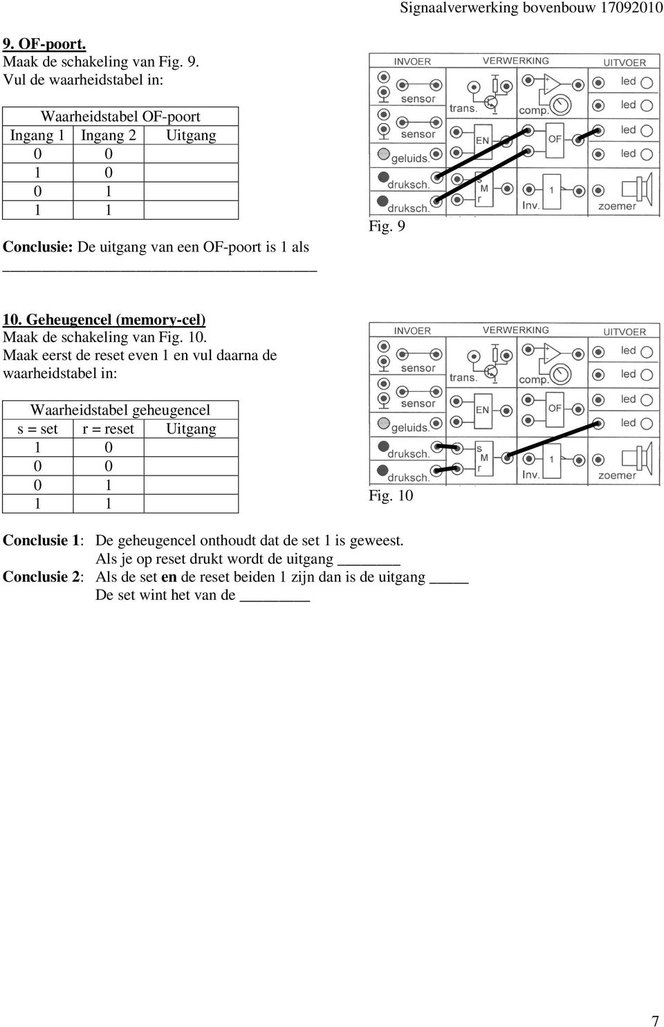 9 10. Geheugencel (memory-cel) Maak de schakeling van Fig. 10. Maak eerst de reset even 1 en vul daarna de waarheidstabel in: Waarheidstabel geheugencel s = set r = reset Uitgang 1 0 0 0 0 1 1 1 Fig.