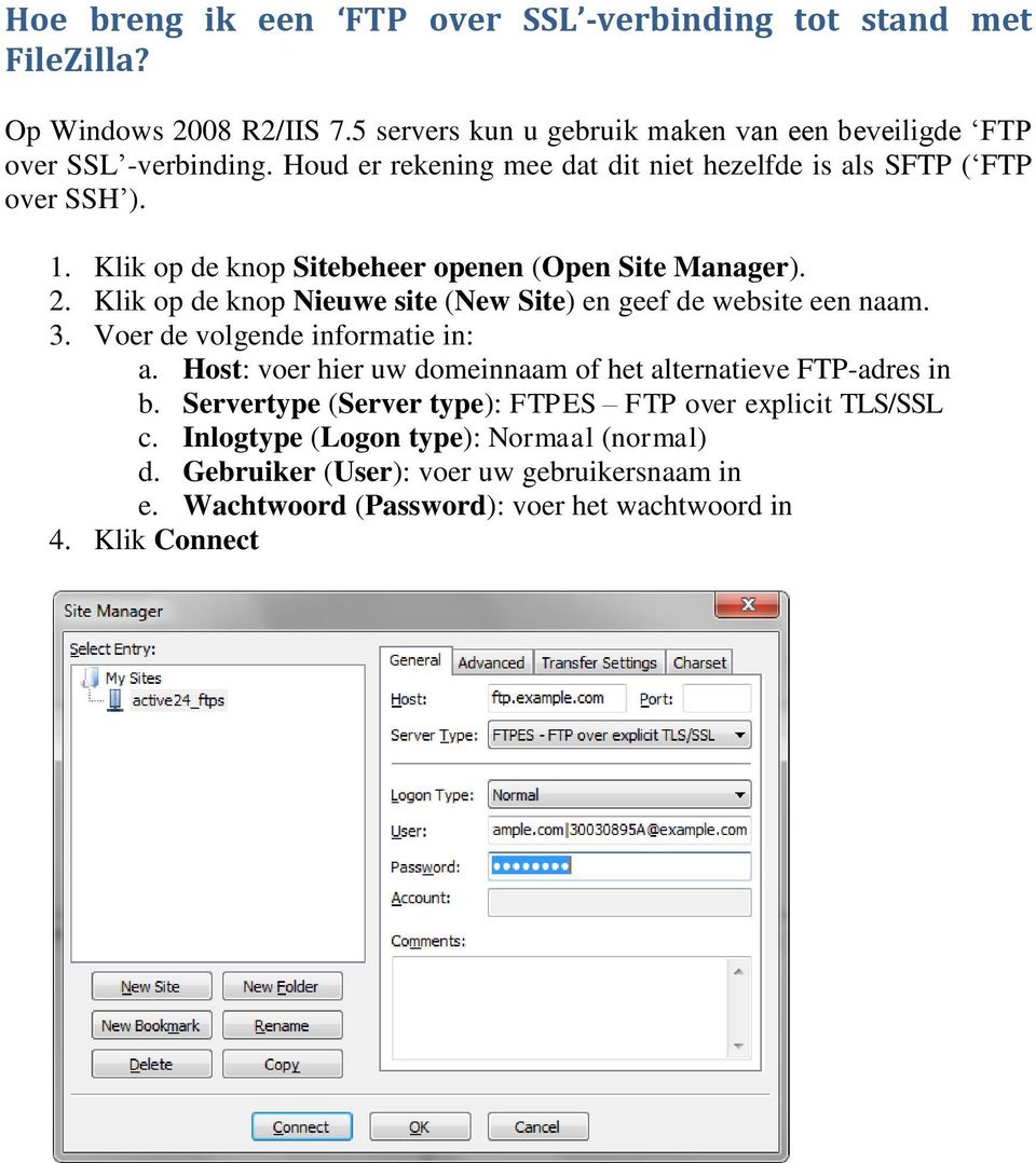 Klik op de knop Nieuwe site (New Site) en geef de website een naam. 3. Voer de volgende informatie in: a. Host: voer hier uw domeinnaam of het alternatieve FTP-adres in b.