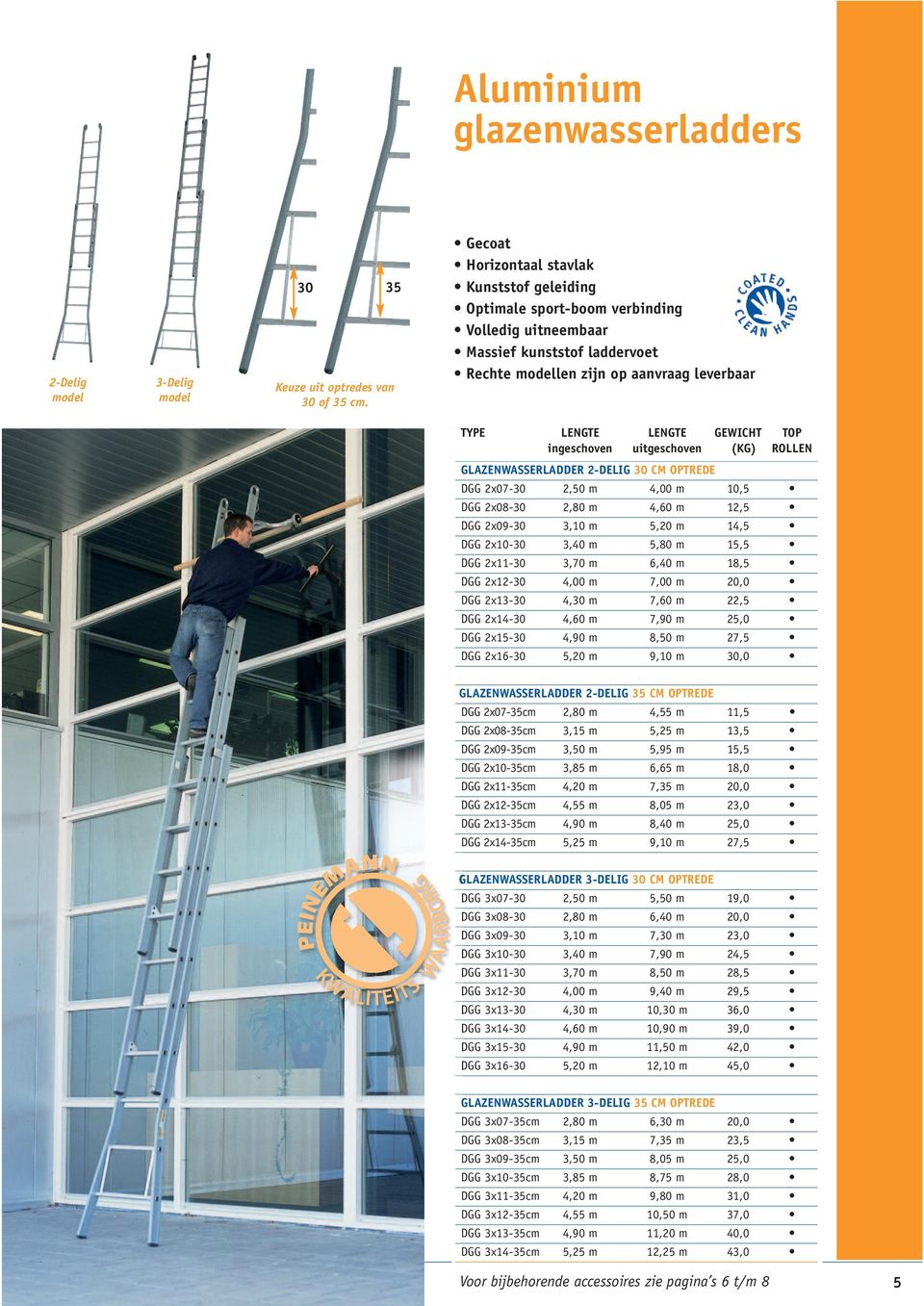 TOP ingeschoven uitgeschoven (KG) ROLLEN GLAZENWASSERLADDER 2-DELIG 30 CM OPTREDE DGG 2x07-30 2,50 m 4,00 m 10,5 DGG 2x08-30 2,80 m 4,60 m 12,5 DGG 2x09-30 3,10 m 5,20 m 14,5 DGG 2x10-30 3,40 m 5,80